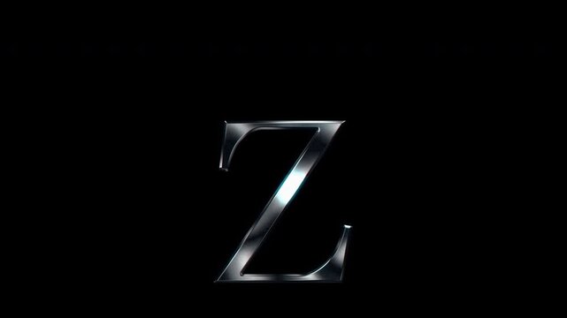 Silver metallic small letter "z". Alpha channel. Serif font. Seamless loop video.
