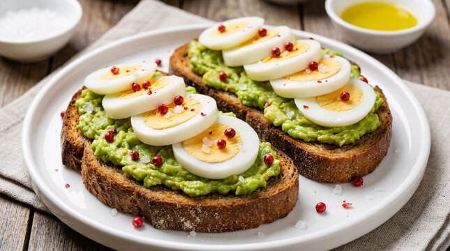Two slices of perfectly toasted dark rye bread topped with creamy smashed green avocado, sliced hard-boiled eggs, and pink peppercorns.