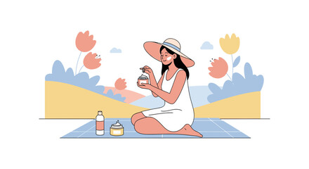 Obraz premium Woman applying sunscreen in a sunny meadow with flowers, summer skincare routine