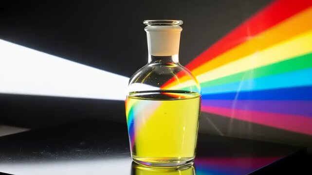 Light refraction through a laboratory glass flask creating a colorful spectrum.