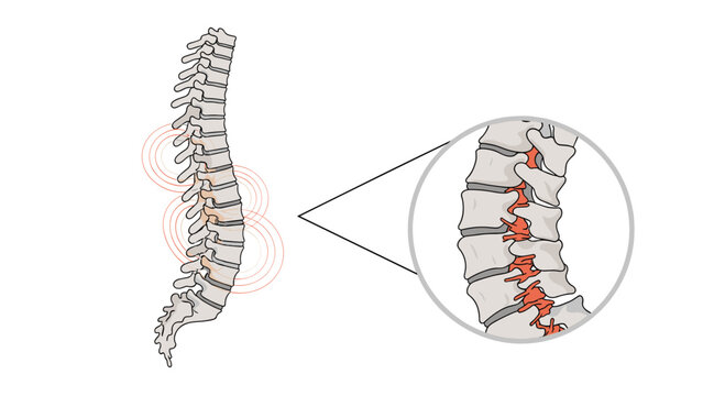 Side view of a human spine with red rings and a callout highlighting degenerative disc disease or herniation between the lumbar vertebrae.