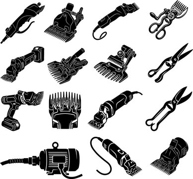 Professional Sheep Shearing Machines and Wool Clipper Silhouette Icon Set