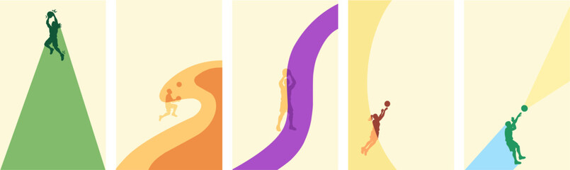 Set of vertical basketball backgrounds with players silhouettes performing various shots like slam dunk, jump shot, and lay up in modern geometric and curved abstract style. © Pratama