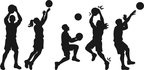 silhouette set of diverse basketball players performing various shooting techniques including set shot, jump shot, layup, and fadeaway. Professional sports action poses © Pratama