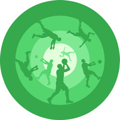 basketball players performing various passing maneuvers. The design features multiple silhouettes arranged within a green monochromatic concentric circle pattern © Pratama