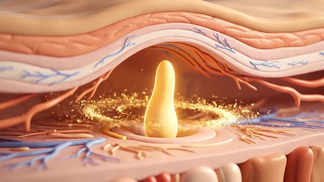 human skin layers with a glowing golden serum droplet being absorbed into the dermis