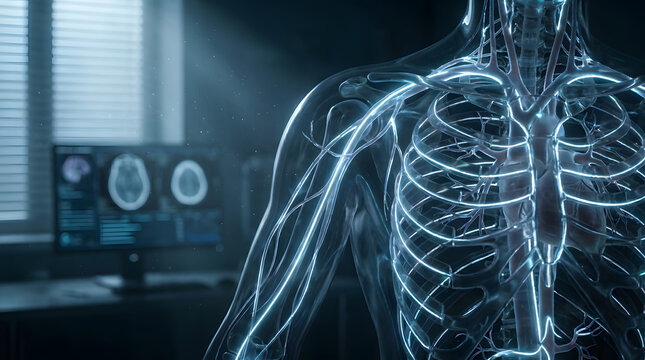 Close-up of human circulatory system with glowing blue veins and arteries, representing advanced health monitoring