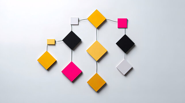 flowchart. Colorful flowchart with geometric shapes, illustrating business optimization on a light grey background. pitch deck slides.

