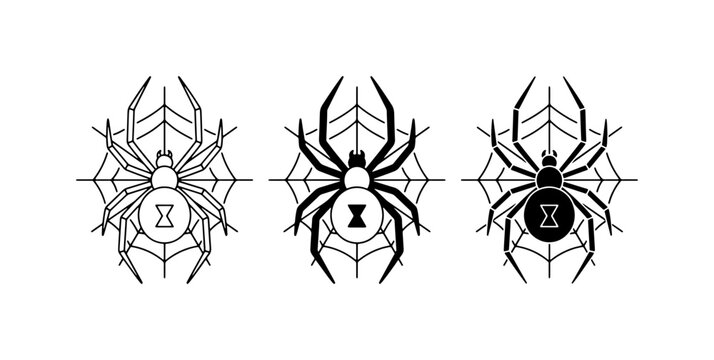 Black Widow Spider Icons, Arachnid Web Vector Graphics, Halloween Insect Symbols, Danger Symbol Set