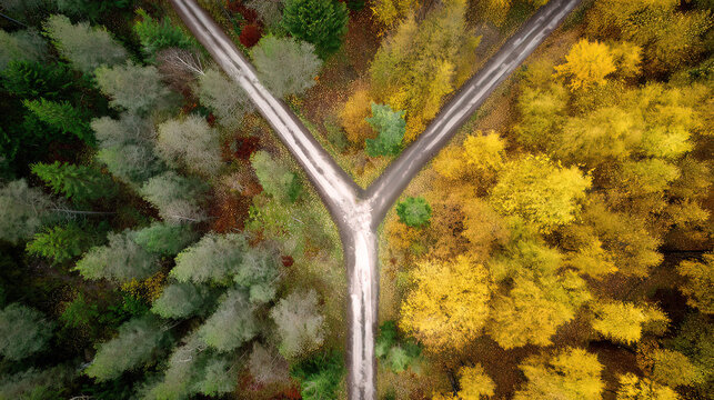 pivotal. Aerial view of a forked path in an autumn forest, representing pivotal life choices. representing seasonal cycles and harvest abundance.
