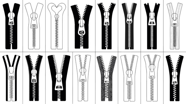 Black and White Zipper Collection with Various Slider and Pull Tab Styles for Fashion and Clothing Design Vector Set