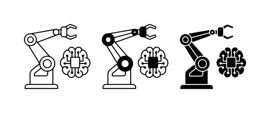 Robotic Arm and AI Brain Icons, Industrial Automation and Artificial Intelligence Concepts