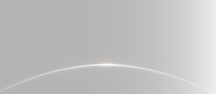 Realistic minimalist sunrise horizon set, atmospheric glowing arc with star burst sun flare and soft haze on grey backgrounds