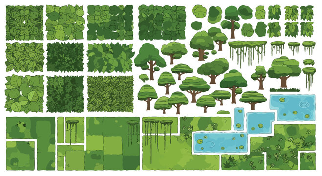 Top-down forest game assets, green cartoon trees and foliage kit, aerial view landscape elements for map design, nature environment vector set