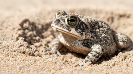 Obraz premium herpetology. Macro view of a Sonoran Desert Toad resting on sandy terrain in natural sunlight. wildlife magazines, conservation campaigns, designed for wildlife conservation campaigns. 