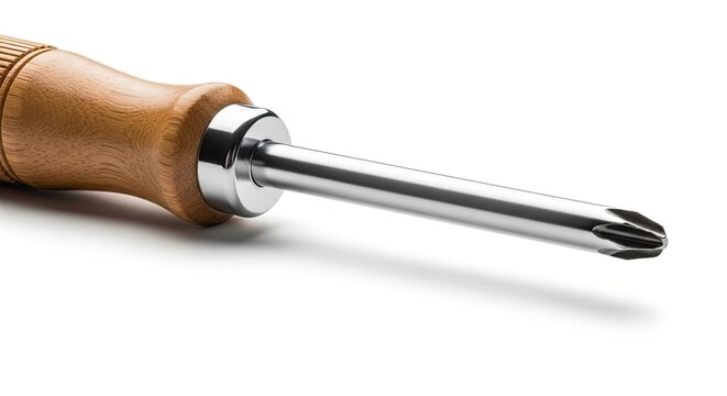 A close up view of a professional screwdriver with a wooden handle.