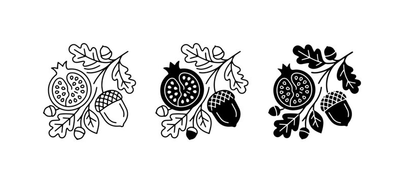 Autumn Harvest Icons: Pomegranate, Oak Leaves, Acorns. Vector Set, Black and White