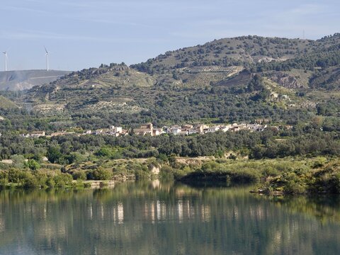 Village and lake in the mountains of Spain