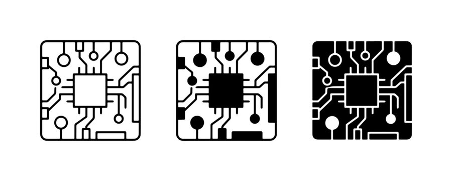 Microchip Circuit Board Icons, Technology Chip Vector Graphics, Digital Processor Symbols