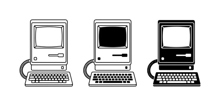 Retro Computers, Vintage Technology Icons, Classic Desktop PCs, Set of 3