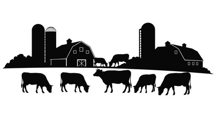 Farm scene with cows and barns silhouette © SAKINA