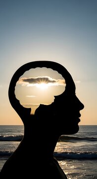 Silhouette of a human head with a sunset in the brain area