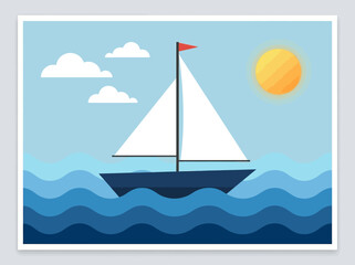 Naklejka premium Minimalist Sailboat Vector Illustration on Blue Ocean with Sun and Clouds, Flat Design Nautical Graphic for Travel and Adventure Concepts