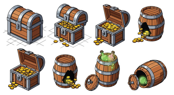Isometric fantasy game assets, wooden treasure chest with gold coins, medieval loot barrels and magic potion containers, 8 vector icons for RPG UI