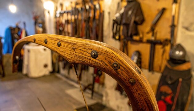 Handcrafted medieval crossbow wood limb with intricate grain structure and metal rivets, showing traditional weapon construction within a historical armory workshop setting for heritage display.