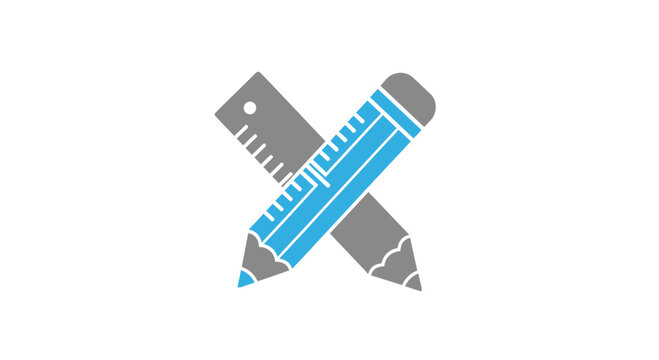 Stylized blue pencil and grey ruler icons crossed on white