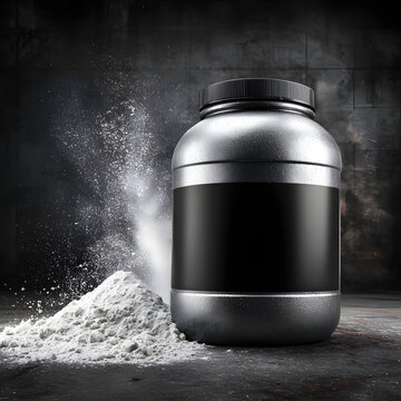 Sports nutrition supplement container with exploding white powder in a gym setting.