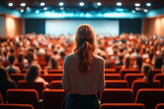 woman standing at the back of a packed auditorium facing a large screen and attentive audience, warm lighting and a sense of anticipation and nervous excitement