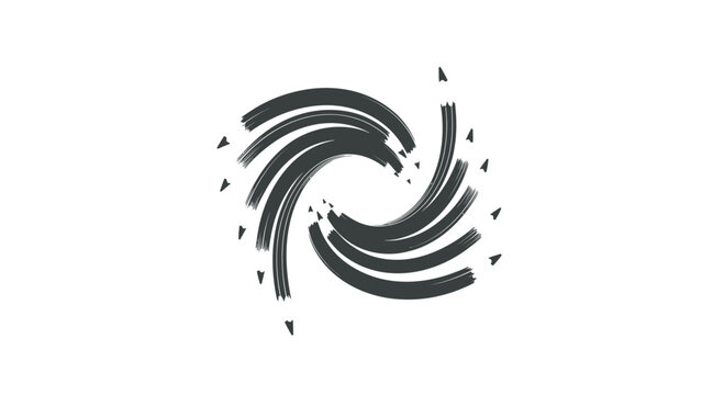 Dark charcoal brushstrokes swirl inward with tiny arrowheads pointing outwards