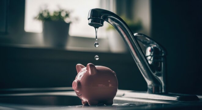 Piggy Bank Under Dripping Faucet Symbolizing Water Conservation and Savings.