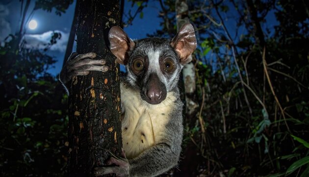 Rare Nocturnal Aye Aye Lemur with Distinctive Large Ears and Thin Fingers Clings to a Dark Tree Trunk in the Madagascar Rainforest at Night, capturing a cinematic wildlife banner composition.