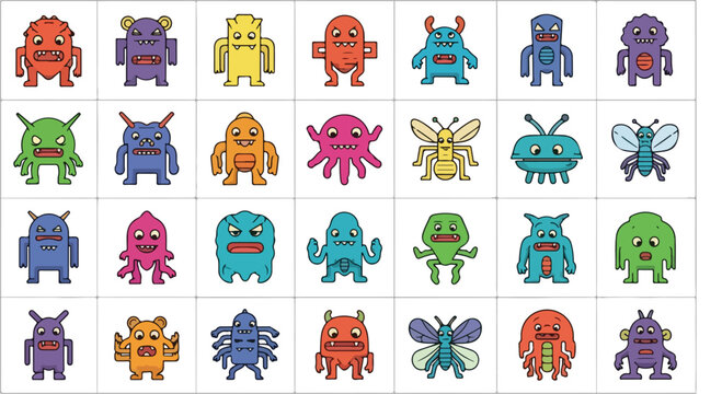 Pixel art monster icons set, 28 colorful alien creature sprites, retro 8-bit gaming characters, cute cartoon beast avatars for mobile apps and web design