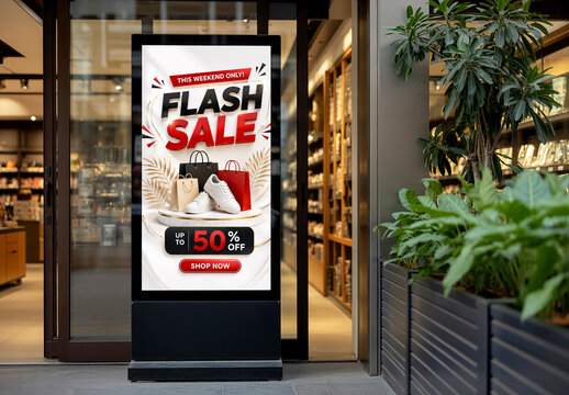 Vertical Digital Poster Stand Mockup at Retail Store Entrance with Flash Sale Advertisement