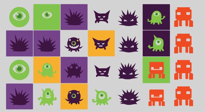 Retro pixel art monster icons, colorful alien creature sprites for game design, flat vector set of spooky cartoon characters and monsters