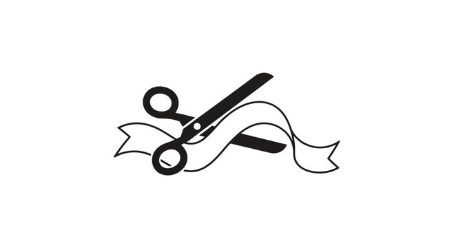 A stylized black icon of scissors cutting a ribbon on a white background
