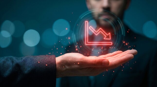 Businessman's hand presents a red downward trending graph with glowing particles
