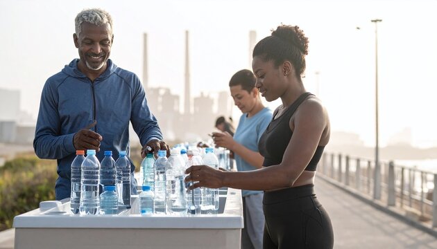 Diverse fitness enthusiasts stay hydrated at a community event. This urban scene portrays health, teamwork, and wellness, perfect for sports, lifestyle, or medical campaigns.