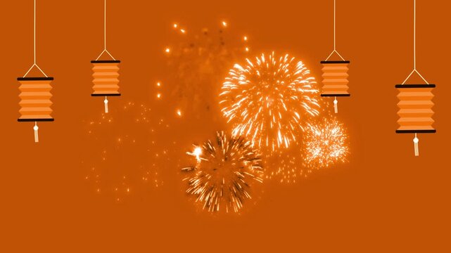 Vibrant orange background with hanging lanterns and festive fireworks exploding