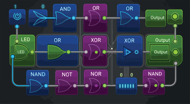 Digital logic gates circuit diagram, electronic engineering schematic with AND OR XOR NAND NOT symbols, computer science educational vector illustration