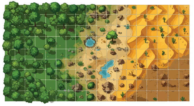 Isometric game map tileset, fantasy world map with forest and desert biomes, top-down strategy game level design, vector landscape grid