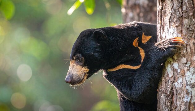 Sun bear with sleek black fur and distinctive orange crescent chest patch climbing a thick tree trunk in a lush tropical forest, showcasing the incredible agility and strength of this species.