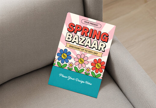 Vertical Flyer Mockup on Gray Sofa with Colorful Spring Sale Poster Design