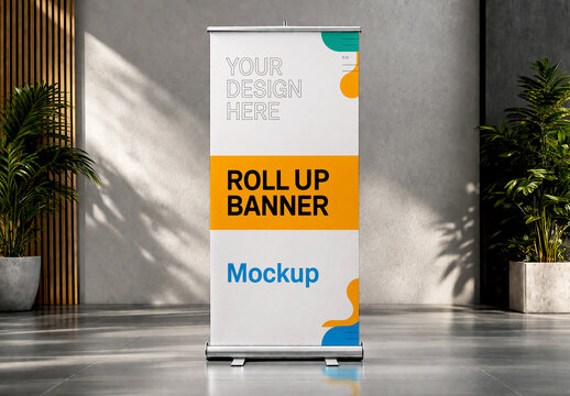 Vertical Roll Up Banner Mockup in Modern Minimalist Interior with Sunlight Shadows and Plants