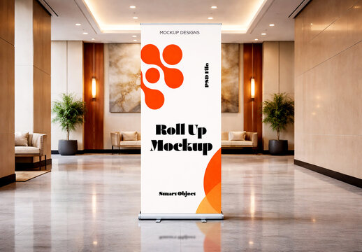 Vertical Roll Up Banner Mockup in Luxury Hotel Lobby or Corporate Office Interior