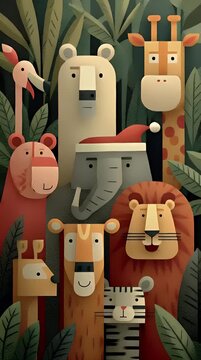 Playful Geometric Animals in a Lush Jungle Scene - A Modern Illustration for Children s Design Educational Materials and Creative Projects