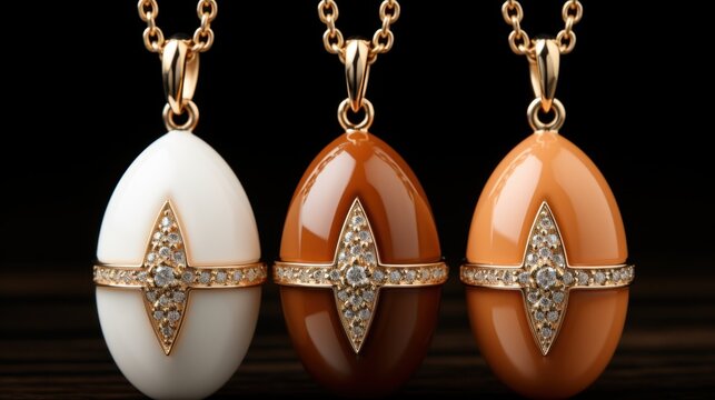 Three elegant egg-shaped pendants with diamond accents on gold chains